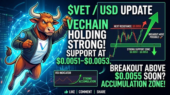 Cryptocurrency analysis thumbnail for $VET/USD (VeChain) showing a bull mascot, price chart indicating support at $0.0051-$0.0053, potential breakout above $0.0055, and RSI strong accumulation zone.