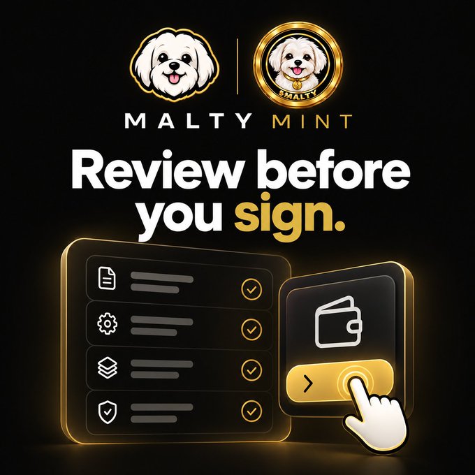 A promotional graphic for 'Malty Mint' with a dog logo and gold coin icon, displaying the message 'Review before you sign' alongside illustrations of a checklist and wallet signing interface.