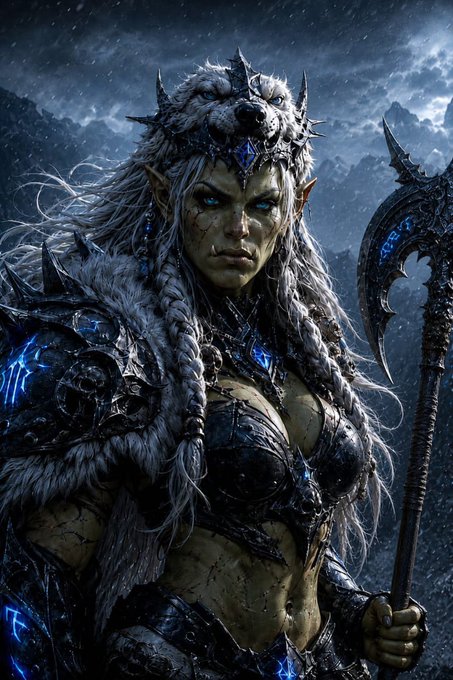 Digital fantasy art of a fierce orc-like female warrior with glowing blue eyes, wearing a wolf headdress and dark armor, holding a large ornate axe against a stormy mountain backdrop.