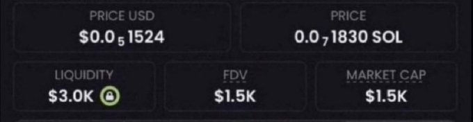 A dark-themed cryptocurrency or token dashboard displaying metrics: PRICE USD $0.01524, PRICE 0.01830 SOL, LIQUIDITY $3.0k (locked), FDV $1.5k, and MARKET CAP $1.5k.