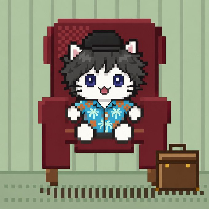 A pixel art animation still showing a white cartoon cat character wearing a black hat and a blue Hawaiian shirt, sitting in a red armchair with a brown briefcase beside it on a rug.