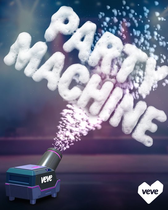 A 3D-style promotional graphic with the word 'PARTY MACHINE' spelled out in white balloon-like letters bursting from a cannon labeled 'veve.'
