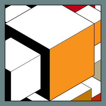 A geometric graphic design featuring interlocking 3D cubes in white, orange, and beige against a teal border.