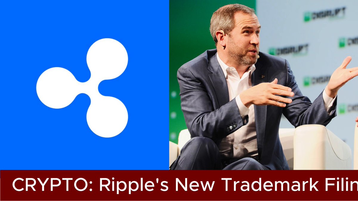 The image shows a man sitting down with his hands up while talking or gesturing. Behind him, there's an abstract blue square logo with three circles surrounding a white Ripple logo, all placed horizontally on the same background. Below this image, a caption reads "Crypto! Ripple's New Trademark Filings Hint At Major Finance Ambitions Ripple ( @Ripple ) filed new trademarks covering prime brokerage, securities lending, and clearing services". This suggests that Ripple is not only focusing its attention towards cross border payments but also expanding into institutional finance and other related areas.