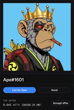 A digital NFT-style profile card displays a crowned, red-eyed smoking ape labeled "Ape#1601" with options to "List for Sale," "Send," and "Accept offer," showing a top offer of "0.042 WETH" ending in 3W0.