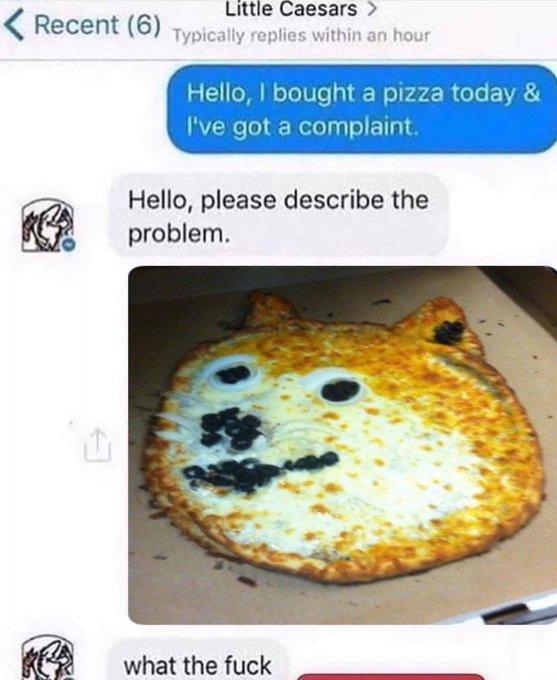 A Little Caesars customer service chat where a customer complains about their pizza, showing a pizza made to look like a cat face with olives and peppers, with the representative responding 'what the fuck'.