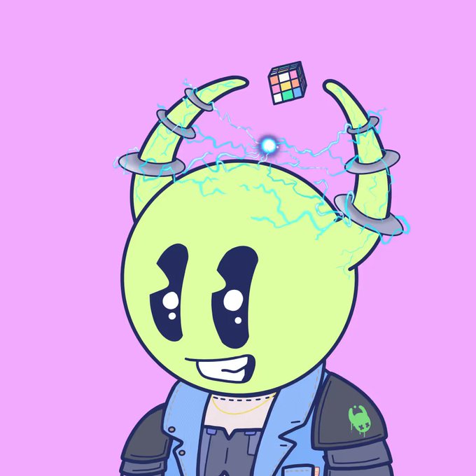 A digital illustration of a green, round-headed character with antennae and rings on its horns, emitting blue electricity, wearing a denim jacket with an alien pin against a pink background.