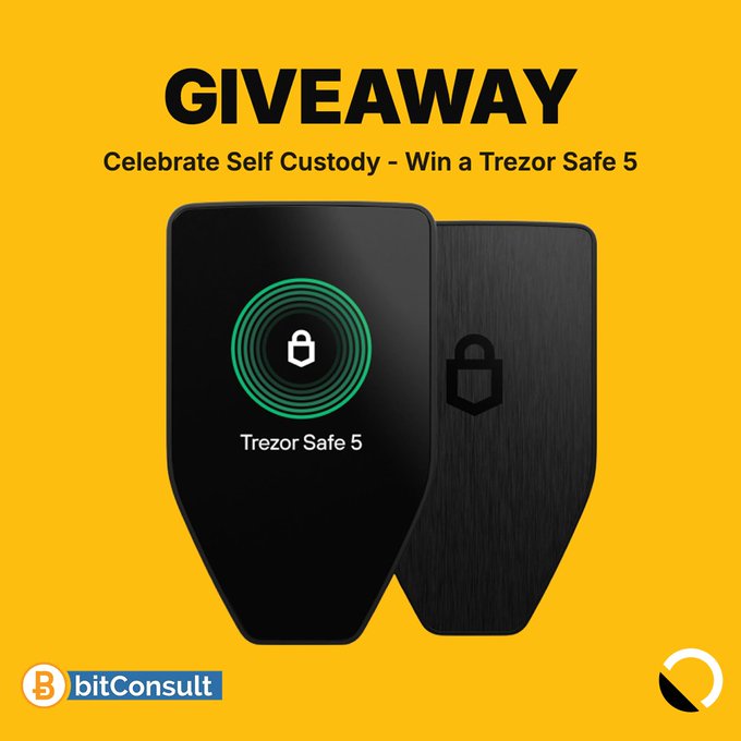 A bold yellow giveaway graphic featuring two Trezor Safe 5 hardware wallets, with text reading "GIVEAWAY - Celebrate Self Custody - Win a Trezor Safe 5," branded with the bitConsult logo and a Bitcoin-style "B" icon. The image directly promotes the post's announcement of a Trezor Safe 5 giveaway winner and a discount code (GETBITTR) for purchasing the hardware wallet at a reduced price.
