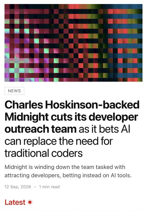 News article headline: 'Charles Hoskinson-backed Midnight cuts its developer outreach team as it bets AI can replace the need for traditional coders,' dated 12 Sep 2026, with subtitle noting Midnight is winding down the team tasked with attracting developers.