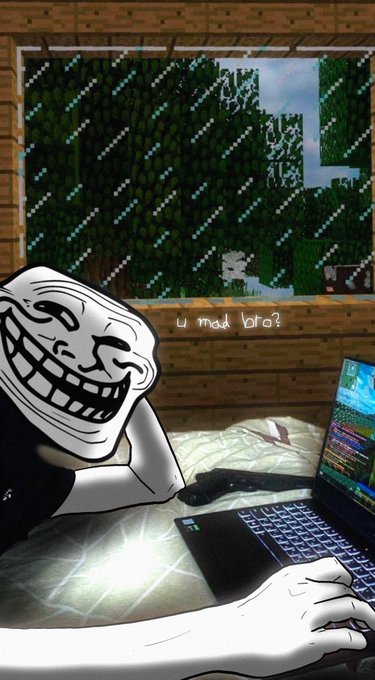 A composite image showing a trollface character at a desk with a laptop in a Minecraft-themed room, while the laptop screen displays the game with chat text reading 'u mad bro?'.
