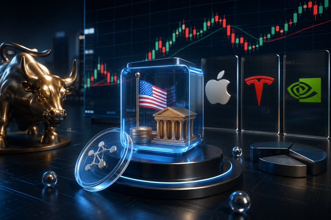 A golden bull statue stands beside an American flag, a Greek-style bank, and a molecular structure, symbolizing U.S. equities and assets, with Apple, Tesla, and NVIDIA logos displayed alongside red and green candlestick charts—visually representing the underlying assets behind tokenized stocks like rNVDA. The image reinforces the message that tokenized stock products should be evaluated by examining what backs them rather than just their ticker or price.