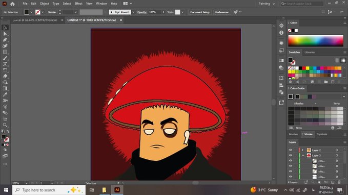 A screenshot of Adobe Illustrator shows a digital drawing of a character with an angry expression and a red halo against a dark red background.