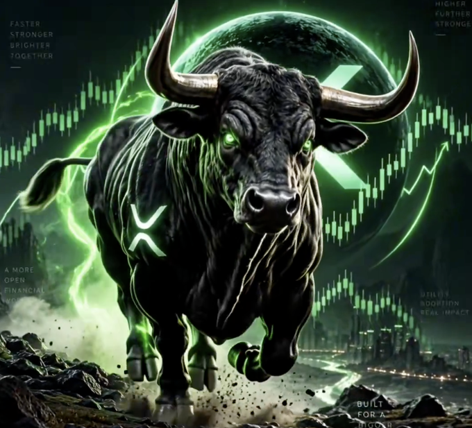 A stylized digital artwork of a black bull with glowing green eyes charging forward, set against a green background with cryptocurrency candlestick charts and an XRP (Ripple) logo, with text reading "FASTER, STRONGER, BRIGHTER TOGETHER" and "BUILT FOR IMPACT."
