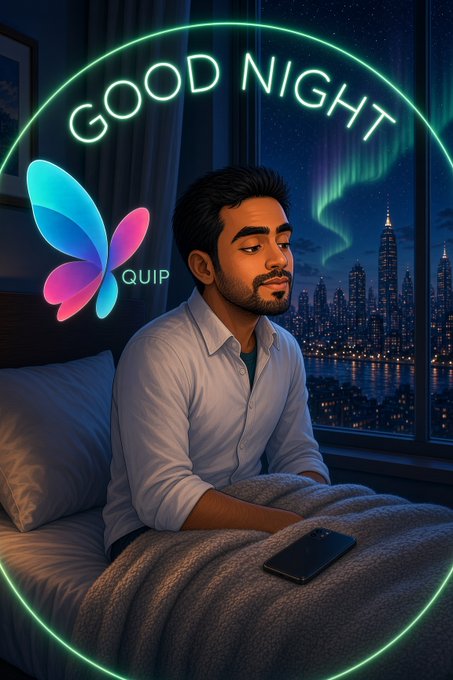 A man sits peacefully in bed at night with a city skyline and aurora visible through the window, framed by a glowing green circle displaying "GOOD NIGHT" at the top and the "QUIP" logo with a colorful butterfly on the left. The image visually reinforces the post's message about Quip's autonomous infrastructure, showing a builder at rest while the platform continues delivering useful work like swaps and verifiable randomness in the background.