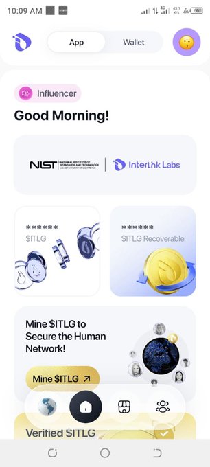 Mobile app screen featuring Interlink Labs and a 'Good Morning!' greeting with sections for $ITLG and a prompt to 'Mine $ITLG to Secure the Human Network!'.