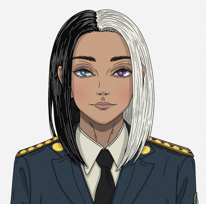 A digital portrait of a woman with striking half-black, half-white hair and heterochromia (one blue eye, one purple eye), wearing a dark military-style uniform with gold epaulets.