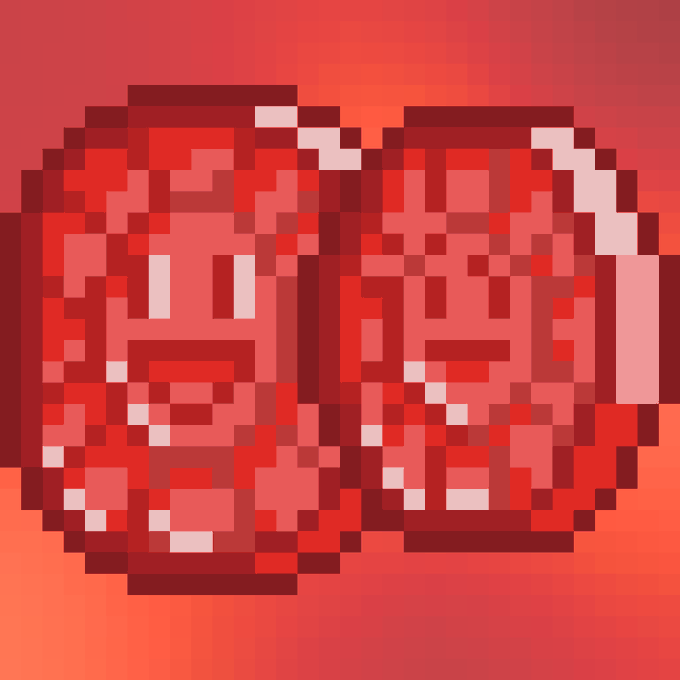 A pixel-art style red heart emoji on a warm orange-red background.
