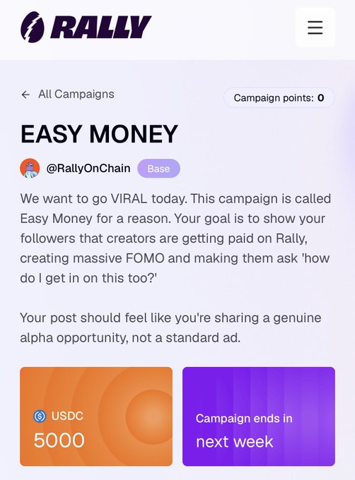 The image shows a screenshot of a social media platform called Rally On Chain. It displays information about campaigns for easy money, which has been shared by a user named @RallyOnChain. The campaign encourages users to share their posts with the hashtag #usdc and ask followers to create massive FOMO (fear of missing out) on USDC. The post also mentions that there is a 5000 dollar prize available for those who can create the most viral content related to this campaign.