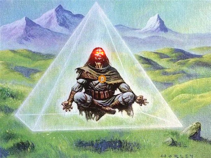 A hooded figure with a glowing red face meditates inside a glowing triangular pyramid in a green mountainous landscape, with the signature "HORLEY" in the bottom right corner. The image evokes themes of awakening, esoteric knowledge, and technological transcendence—mirroring the post's call to "wake up," level up Bitcoin security, and prepare for the AI revolution.