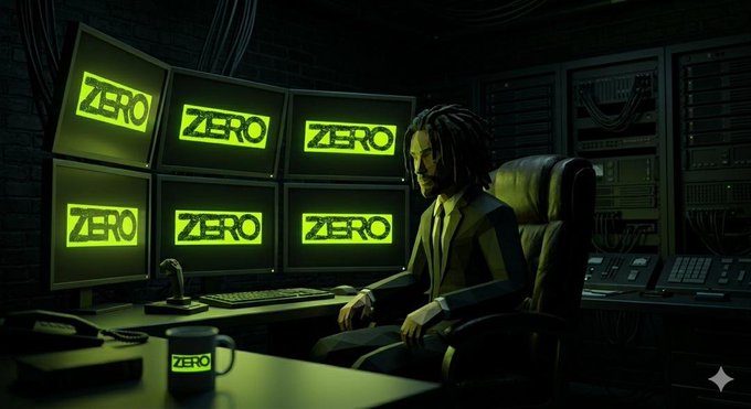 A stylized illustration of a man in a suit sitting at a desk in a dark room, with multiple monitors behind him all displaying the word 'ZERO' in bright green.