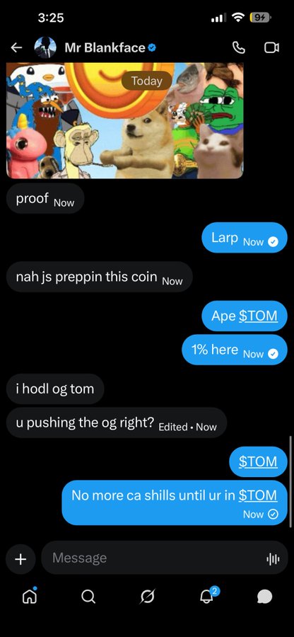 A screenshot of a direct message conversation with "Mr Blankface" showing the user's firm response: "No more ca shills until ur in $TOM." The exchange displays the recipient pitching their coin ($TOM) before being rejected per the user's policy.