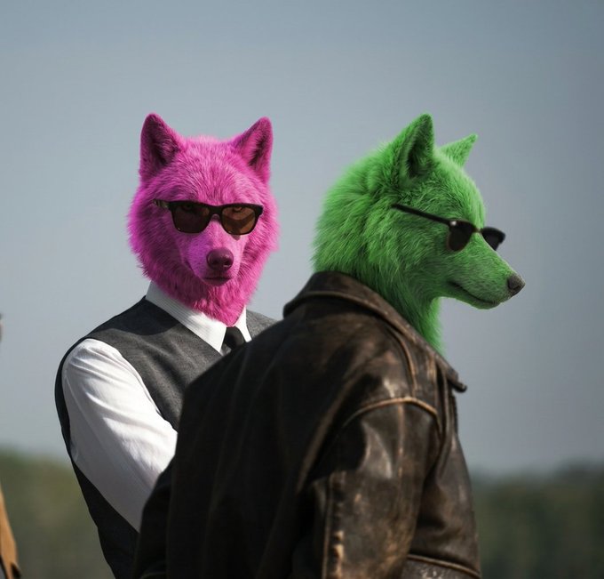 Two figures wearing a bright pink wolf head and a bright green wolf head, both sporting black sunglasses, dressed in formal and leather attire against a clear sky background.