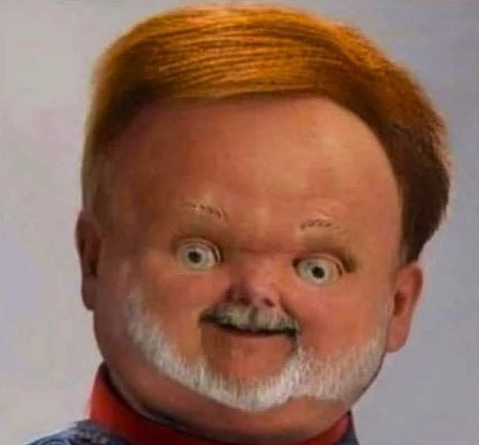 A wildly distorted face—likely a face-morphed or AI-warped version of an older gentleman with a gray goatee, wide-eyed expression, and reddish-orange hair—humorously illustrates the post's quip, as his features appear both aged and comically exaggerated in an ungraceful "aging."