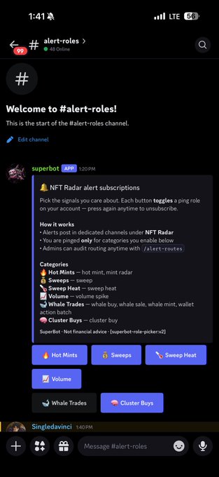 A Discord channel called "alert-roles" in the superdads DAO server, where users can subscribe to notifications across categories like Hot Mints, Sweeps, Sweep Heat, Volume, Whale Trades, and Cluster Buys. The screen shows role-toggle buttons beneath each category, illustrating how members can customize their NFT radar alerts directly through Discord.
