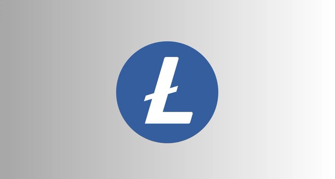 A blue circular logo featuring a white stylized "Ł" (the symbol for Litecoin) is centered against a light gray gradient background, representing the Litecoin cryptocurrency referenced in the post about the first Lightning transaction.