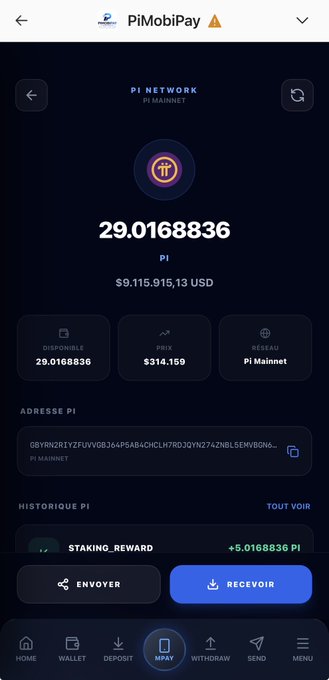 A screenshot of the PiMobiPay app showing a Pi Network wallet balance of 29.0168836 PI (~$9,115,915.13 USD) on Pi Mainnet, with the address GBYRN2R1YZFUVGB364P5AB4CHCIH7RO3QYNZ74ZNBL5EMVBGN6 and a recent staking reward of +5.0168836 PI. The image illustrates the post's point about Pi becoming increasingly visible and functional across various Pi Browser ecosystem apps beyond just basic balance displays.