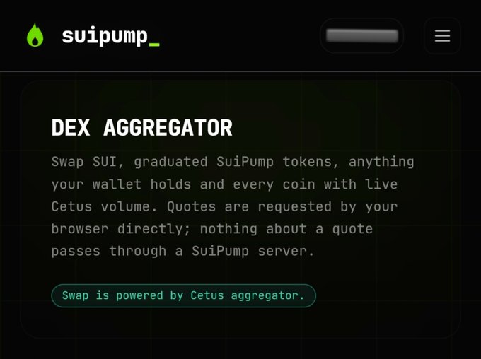 Screenshot of the suipump_ website showing a 'DEX AGGREGATOR' section that allows swapping SUI and graduated SuiPump tokens directly from the browser, with a note that 'Swap is powered by Cetus aggregator.'