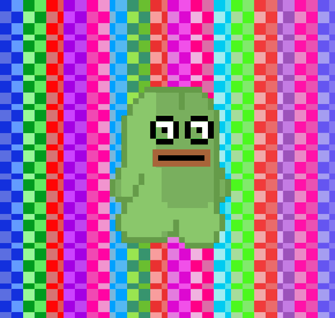 A pixelated green character with a straight face stands against a colorful checkered background of red, green, blue, and pink squares.