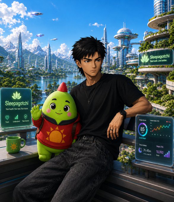 An anime-style digital illustration showing a dark-haired man sitting next to a green mascot character in a red hoodie, with 'Sleepagotchi' health tracking app interfaces displayed on floating screens against a futuristic cityscape.