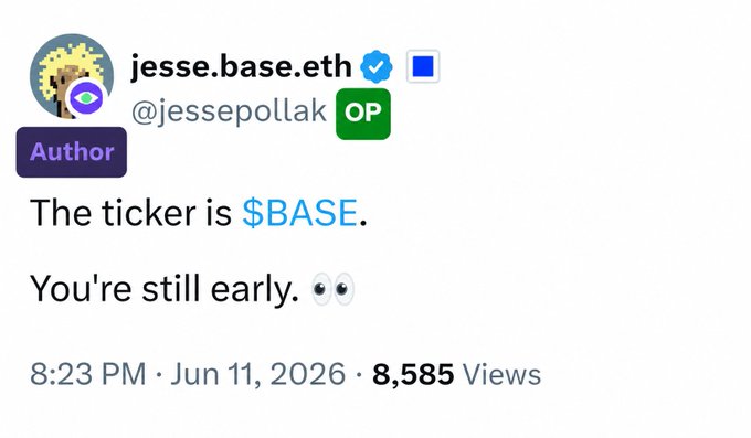The image shows a screenshot of a social media post that includes text, logos, and icons related to cryptocurrency. The post appears to be about a ticker symbol called $BASE, which is associated with a person named Jesse Base. The post also mentions an author, an opinionated individual, and a quote from a cryptocurrency expert. The image does not contain any other objects or texts besides the ones in the post.