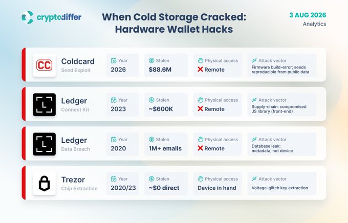 The image is an infographic titled "When Cold Storage Cracked: Hardware Wallet Hacks" from CryptoDiffer Analytics, dated 3 August 2026, summarizing four incidents: Coldcard Seed Exploit (2026, $88.6M stolen via firmware build-error with reproducible seeds from public data, remote attack), Ledger Connect Kit (2023, ~$600K lost via supply-chain compromise of front-end JS library, remote), Ledger Data Breach (2020, 1M+ emails leaked from metadata, not devices), and Trezor Chip Extraction (2020/23, voltage-glitch key extraction requiring device in hand). It visually reinforces the post's claim that Coldcard's 2026 incident is the first to achieve a remote, at-scale break of cold storage — pairing its $88.6M remote exploit against smaller or physically-required prior cases.