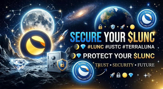 A cosmic-themed promotional graphic featuring moons, planets, rockets, and security icons, displaying the text "SECURE YOUR $LUNC #LUNC #USTC #TERRALUNA PROTECT YOUR $LUNC TRUST • SECURITY • FUTURE" alongside "TERRA LUNA CLASSIC" logos, visually reinforcing the post's message about safeguarding $LUNC holdings.