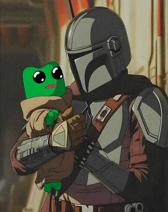 An illustration of a Mandalorian in gray armor holding a small green frog-like creature, rendered in a painterly style.