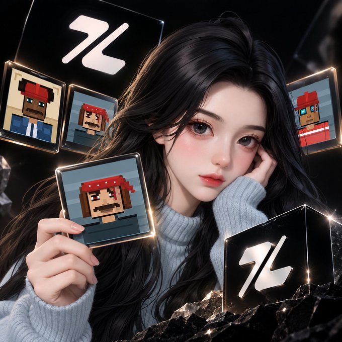 An illustration shows a dark-haired woman in a blue turtleneck holding a card with a pixelated character, surrounded by similar Minecraft-style avatars and floating cubes with stylized logos.
