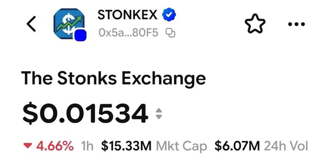 The image shows a cryptocurrency price tracker for STONKEX (The Stonks Exchange), displaying a current price of $0.01534 with a 4.66% decline, $15.33M market cap, and $6.07M 24-hour volume, along with a verified badge confirming the token's authentication on Base App as referenced in the post.