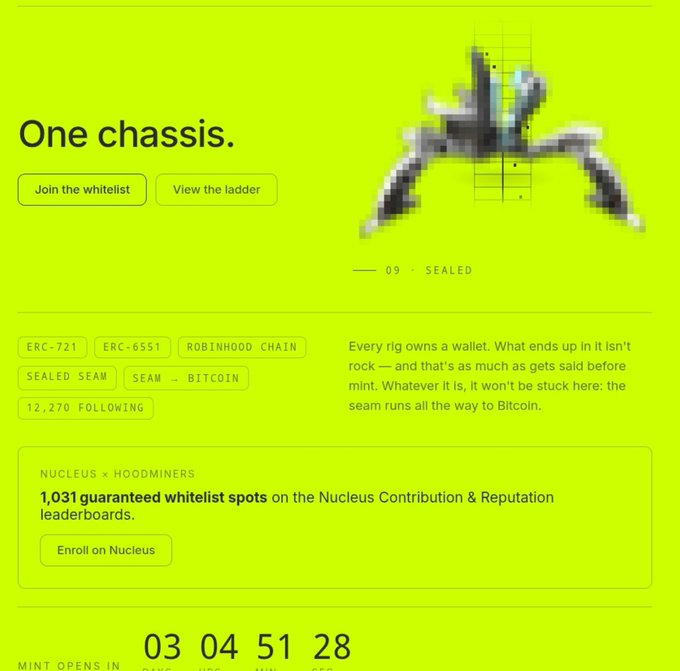 A neon yellow webpage for a crypto project called 'One chassis' featuring a pixelated grey alien-like figure on a ladder, with buttons to 'Join the whitelist' and 'View the ladder', tags including 'ERC-721', 'SEALED SEAN', and a countdown timer showing '03 04 51 28' until mint.