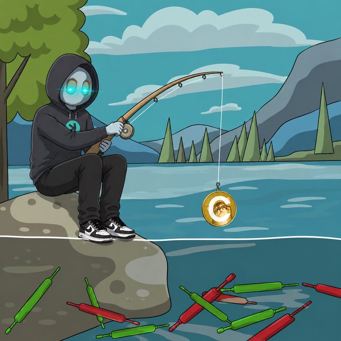 A hooded figure with glowing cyan eyes fishes with a rod by a serene lake, but instead of catching a normal fish, the hook has snagged a golden "$CATE" coin, surrounded by colorful bullet-shaped lures floating in the water—visually symbolizing how the $CATE meme token stands out as a rare prize among ordinary crypto "bait" in the meme token community.