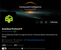 A Twitter/X profile screenshot for "Amadeus Protocol" (@amadusprotocol), described as "The confidential LLM for agentic finance. Private by default, deterministic by design," with 1,569 following and 60K followers.