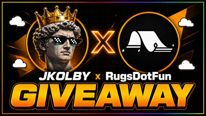 Promotional graphic for a collaboration giveaway featuring a classical bust wearing a crown and "deal with it" sunglasses alongside the RugsDotFun logo, with the text "JKOLBY x RugsDotFun GIVEAWAY" — matching the announcement of a 2 SOL giveaway split among up to 8 participants.