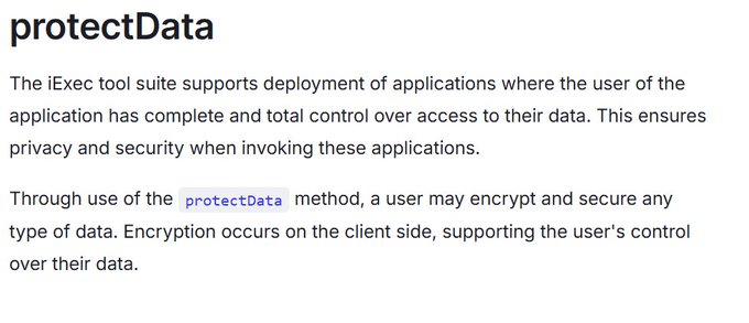 A documentation page titled 'protectData' explaining that the iExec tool suite supports deployment of applications with user control over data through client-side encryption.