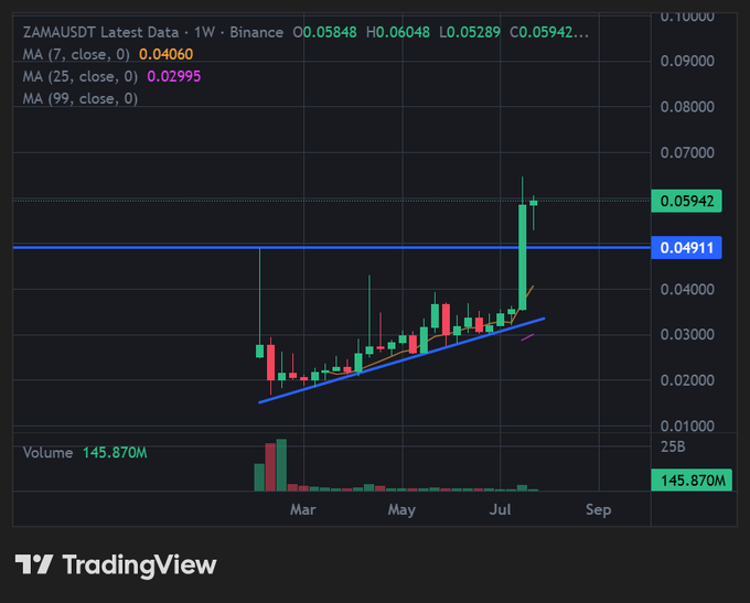 The image is a weekly TradingView chart of ZAMAUSDT on Binance showing a sharp price spike to $0.05942 with a moving average crossover, accompanied by a massive 145.87M volume bar in July. It illustrates the author's post about Zama's volatile journey—from the painful $0.017 bottom that forced early ICO buyers at $0.05 to capitulate, to the recent breakout above the $0.04911 resistance level.