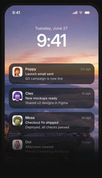 An iPhone lock screen displays the time 9:41 on Tuesday, June 27, against a sunset mountain backdrop, with notifications from team members Poppy, Cleo, Moss, and Dot about launches, mockups, deployments, and meetings. The image illustrates the AI assistant landscape the post references, showing multiple AI agents (each represented by distinct avatar characters) actively coordinating work—contrasting the "two worlds" of technical people debating agents while practical automation tools quietly handle launches, designs, and deployments in the background.