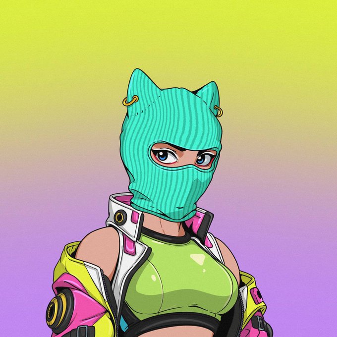 An illustrated character wears a teal cat-eared ski mask, a yellow and pink jacket, and a green top against a gradient green and purple background.