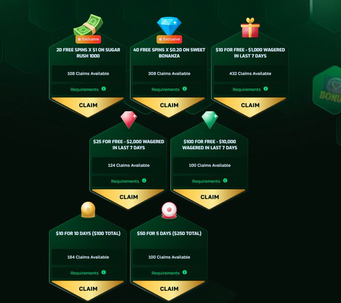 A digital interface displays various promotional offers for free spins, free cash bonuses, and wagered amounts, each with a 'CLAIM' button and claims available, including offers like '20 FREE SPINS X $1 ON SUGAR RUSH 1000' and 'S10 FOR FREE - $1,000 WAGERED IN LAST 7 DAYS'.