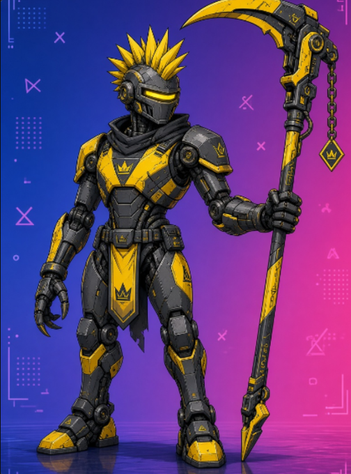 A digital illustration of a yellow and black armored warrior with spiky blonde hair holding a large scythe against a purple and pink gradient background.