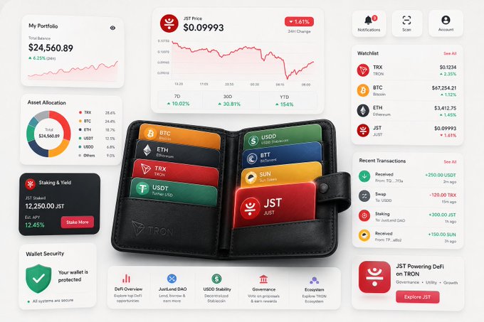 A cryptocurrency portfolio dashboard interface showing a total balance of $24,560.89, a JST Price chart at $0.09993, asset allocation, and a central image of a black leather wallet holding various crypto cards like BTC, ETH, and JST.